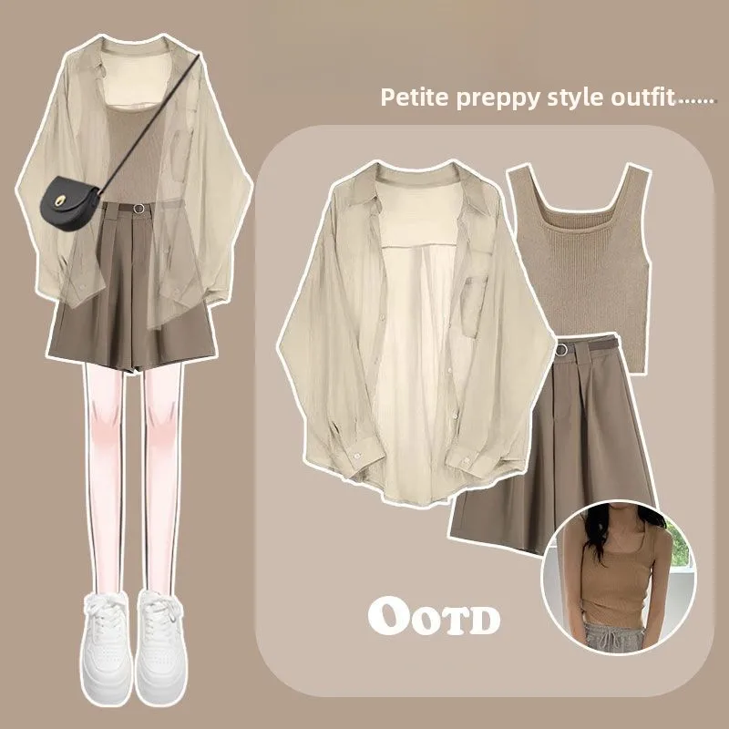 

Summer Fashion Set for Pear Shaped Women Casual Style Three Piece High Waist Shorts Elegant Shirt And Vest for Young Women