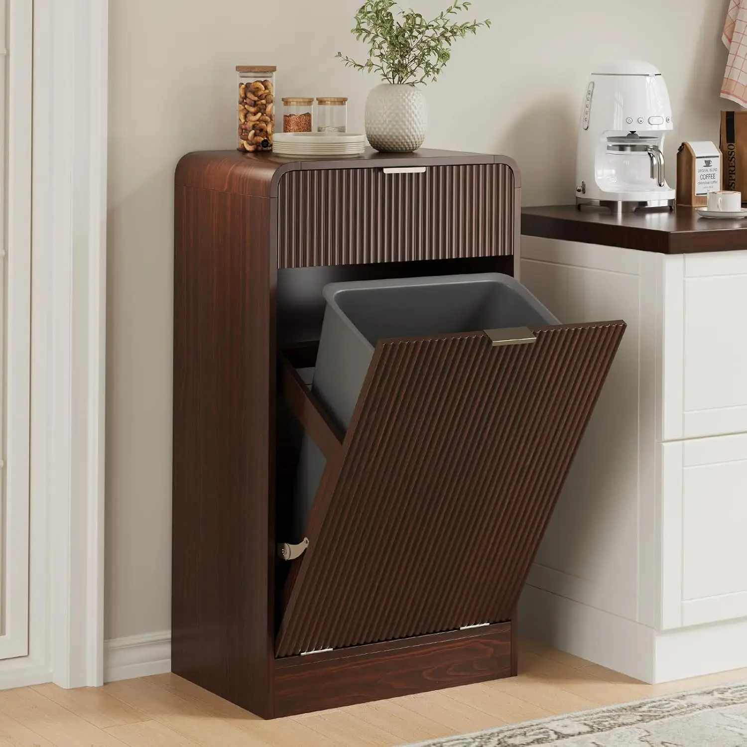 #Trash Cabinet Drawer Laundry Hamper Pet Proof Hidden Garbage Recycling Kitchen Living Room Wood