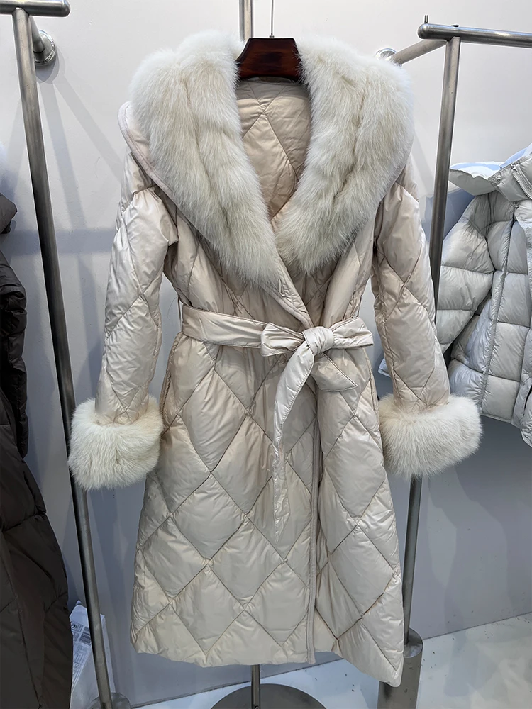 New Fashion Winter Women Long Goose Down Jacket Natural Real Big Fox Fur Collar Thick Warm Belt Parka Coat Luxury Fur Coat