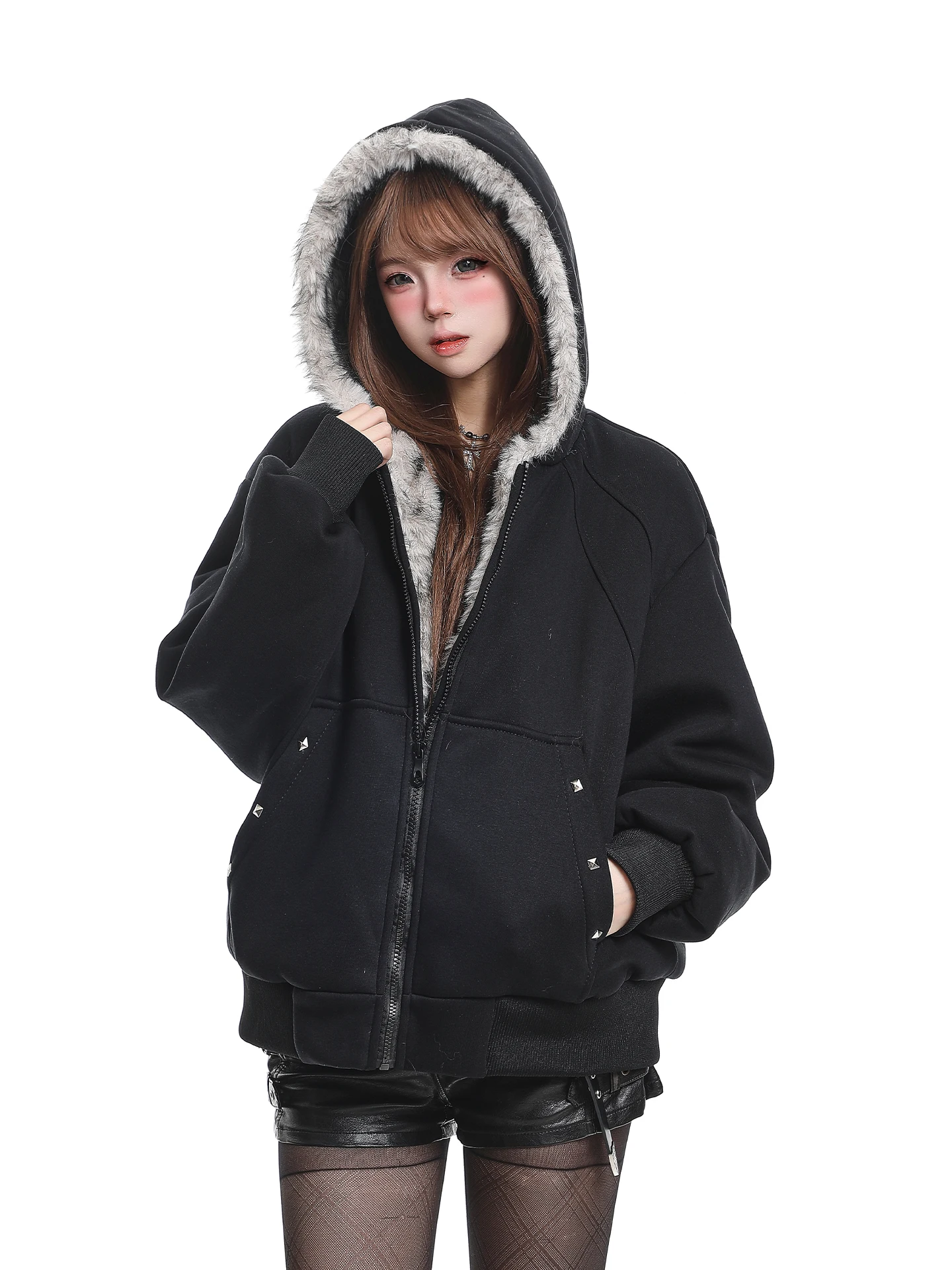 

Retro American Faux Fur Collar Hooded down Jaet Women's Winter New Loose Warm Cotton Coat Outerwear Long Sve Zipper