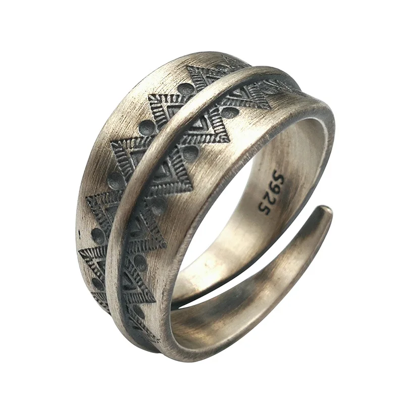 s925-sterling-silver-open-band-ring-vintage-oxidized-carved-craft-adjustable-size-elegant-women-statement-finger-jewelry