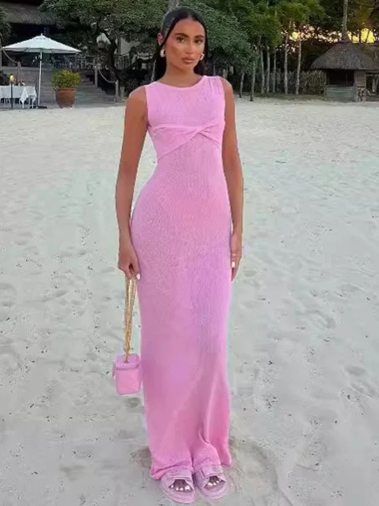 

Summer Beach Knit Maxi Dress For Women Cover-Up Pink Sleeveless Twist Sundress Knitwear See-through Maxi Bodycon Dress New