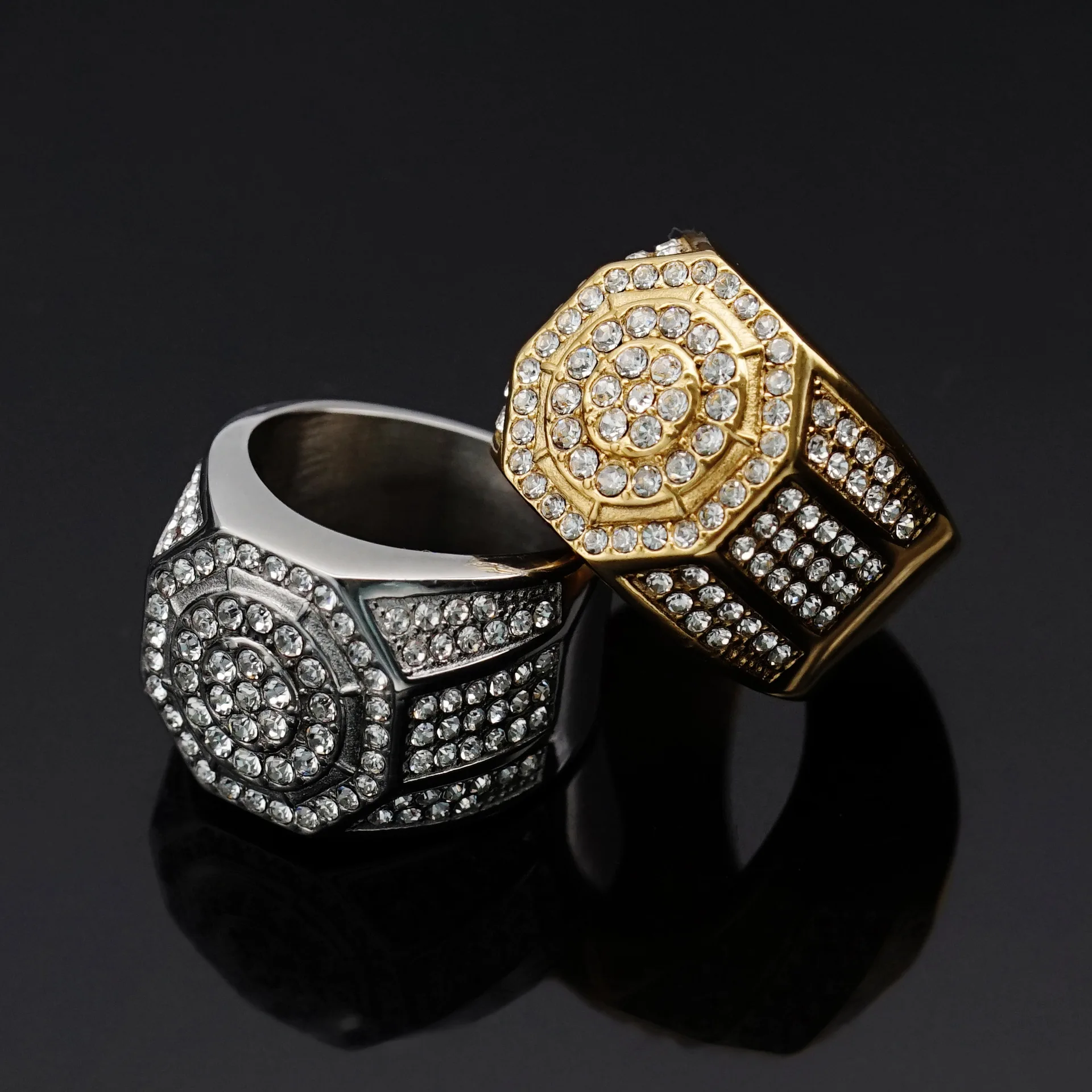 New Full Rhinestone Shiny Wide Rings Stainless Steel Gold Silver Color for Men Hiphop Fashion Jewelry for Party