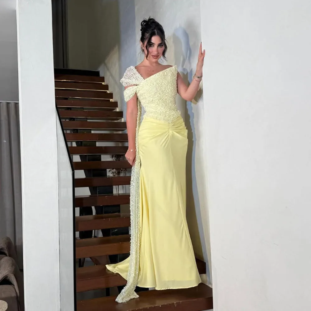 Customized High Quality Sleeveless Floor Length Zipper One Shoulder Yellow Beaded Wrinkle Women Sequin Mini Dress  Kleid Grün