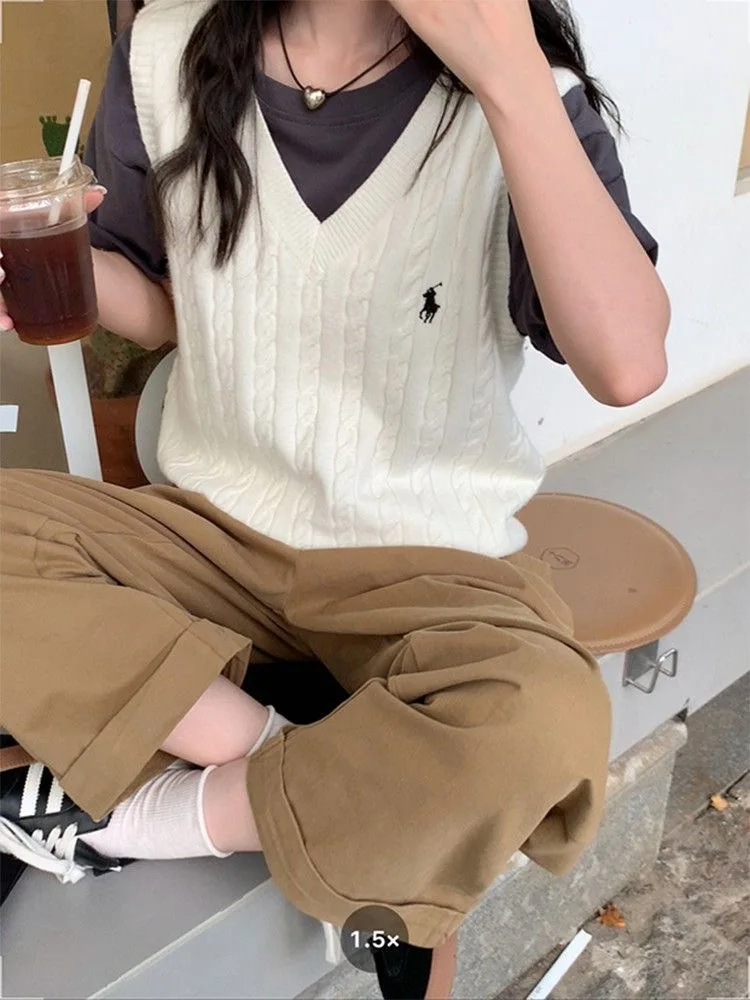 Suéter con cuello en V para mujer, chaleco liso sin mangas estilo Preppy, chaleco de punto dulce, Jersey informal para mujer, chaleco para Otoño e Invierno