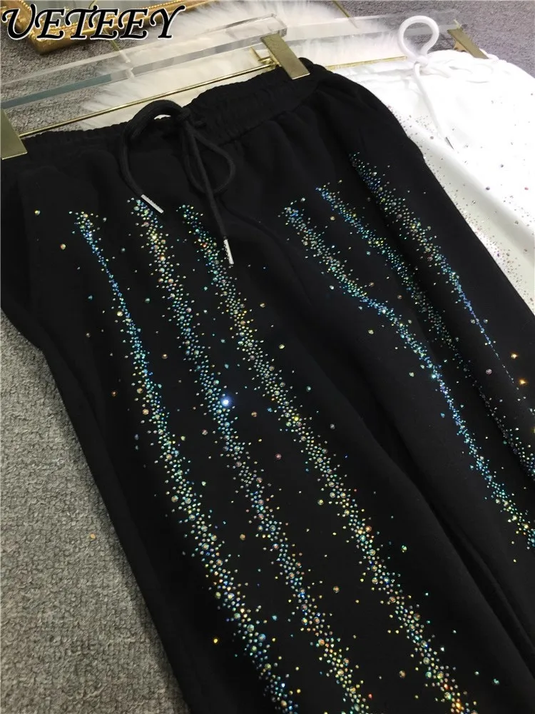 Oversize European Heavy Industry Hot Diamond Loose Sweatpants Women's Velvet Thickened High Waist Thin Sports Pants