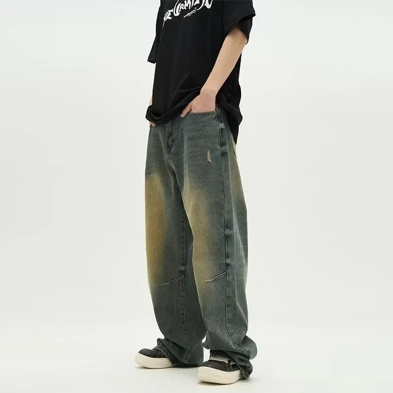 

Men Washed Jeans Distressed Straight Full Length Denim Pants Solid Zipper Fly Looses Flat Jean Streetwear Pockets High Waist