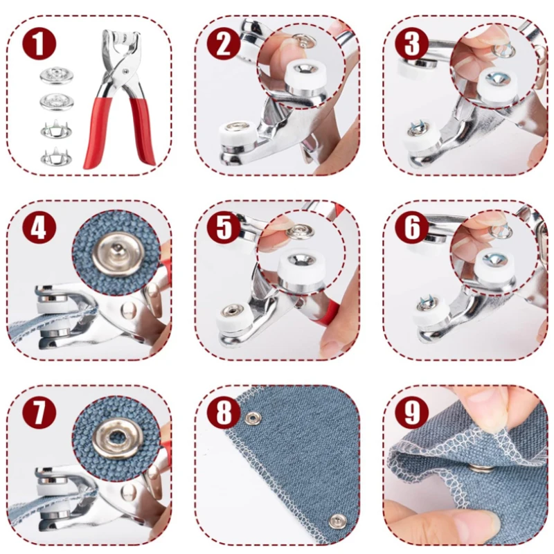 Metal Prong Snap Botões, Grampos, Press Rebites, Sliders Buckles, Skin Care Studs, Snap Fasteners com Alicate, 8 Tipos, Novo