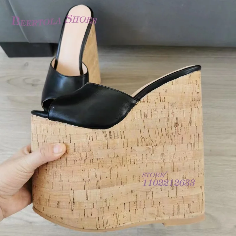 Red Sequins 23Cm Wedge Sandals Woman Platform Pole Dance Heels Golden Round Buckle Slingback Slippers Black Leather Dress Shoes