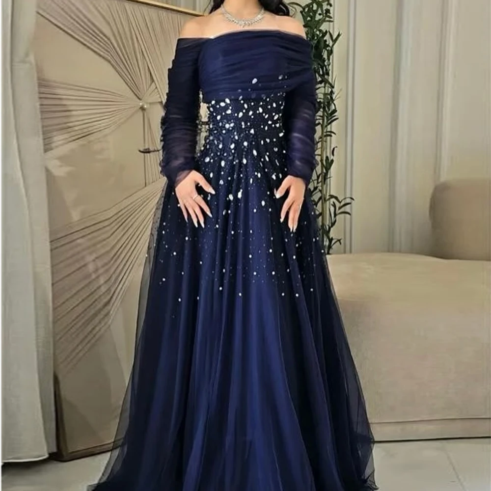 

Customized A-line Evening Dresses Floor-length Off The Shoulder Full Sleeve Prom Gown Fashion Crystal Simple Draped Party Gown