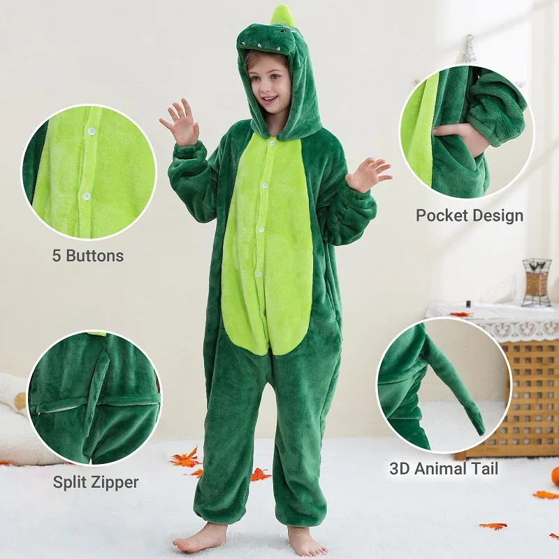 MICHLEY Dinosaur Flannel Pajamas Child Sleepwear Jumpsuit Onesies Animal Cartoon Clothes Winter Halloween For Boys Girls Family