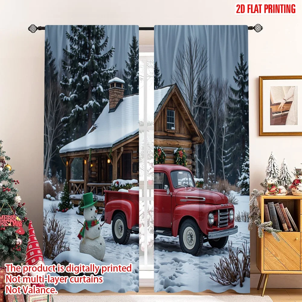 

2pcs 2D flat printing Merry Christmas Popular Window Curtains Vintage Red Truck Snow Christmas Scene 100% Polyester Without