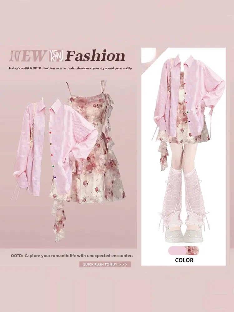 

Sweet Floral Print Halter Dress And Sun Protection Shirt Women's Summer Soft Romantic Style Two-Piece Set Short Length Sleeve