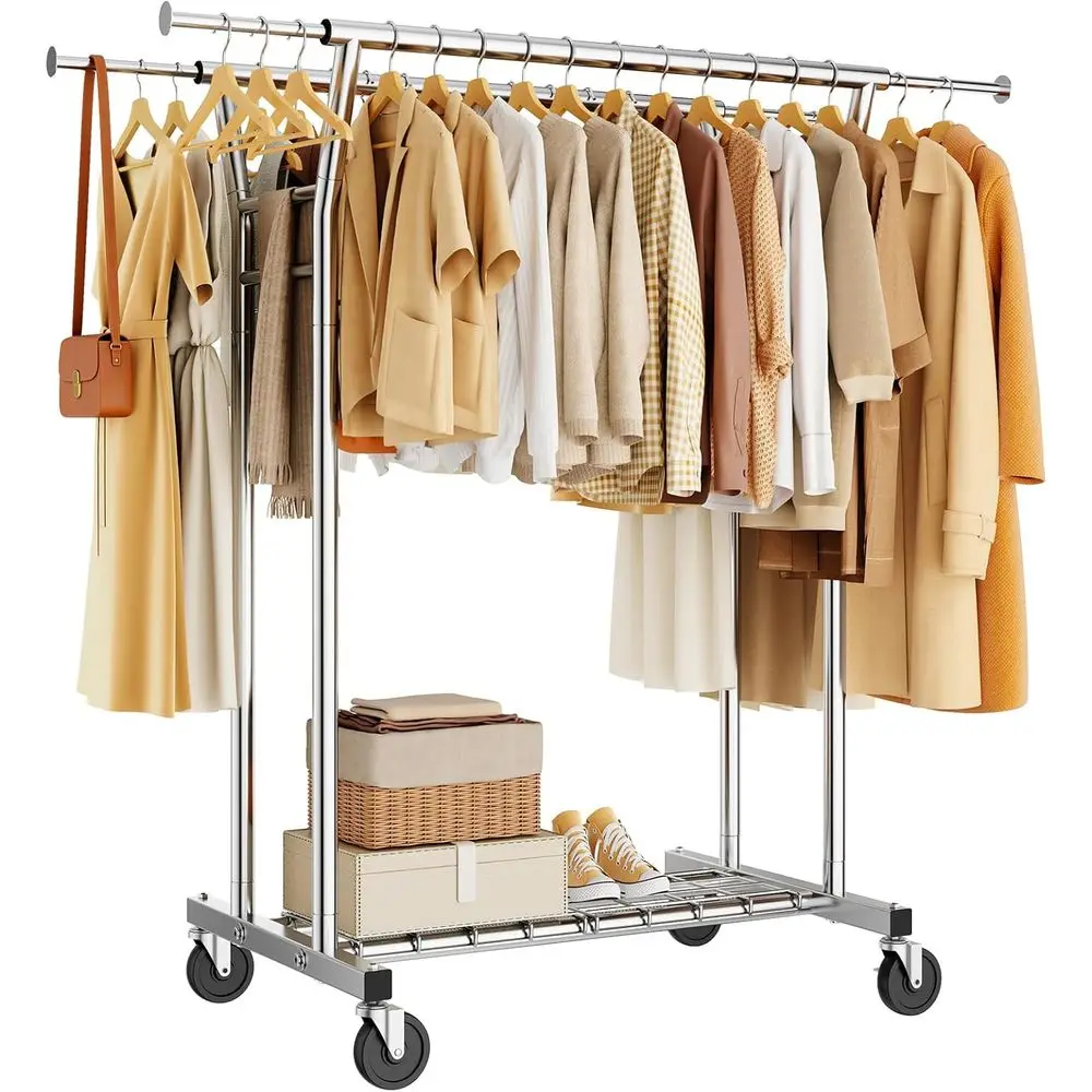

Portable Heavy-Duty Garment Rack with Wheels, 700LB Load Capacity, Suitable for Bedroom, Laundry, and Retail, Silver