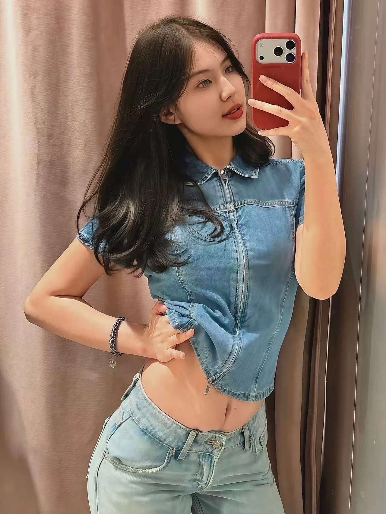 

Blue Retro Style Zipper Casual Denim Shirt Spring Summer New Arrival Women's Loose Fit Breathable Cotton Short Sleeve Top