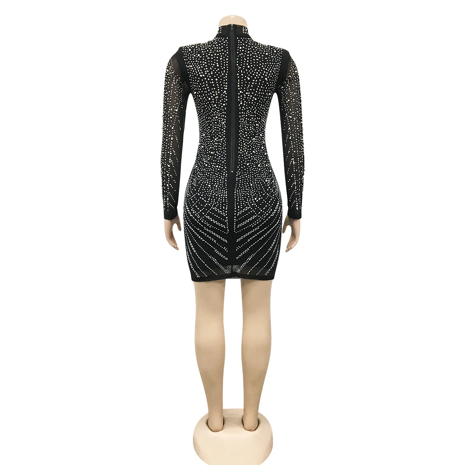 ใหม่แฟชั่นเซ็กซี่แขนยาว V คอเลื่อมตาข่าย Sheer สีทึบ Slim Fit Sheath เหนือเข่าชุดผู้หญิง, 2 สี