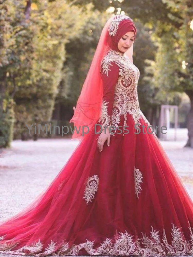 Kleurrijke moslim trouwjurken met hijab baljurk met lange mouwen Prachtige vrouwenjurk Applicaties Rode bruidsjurken op maat