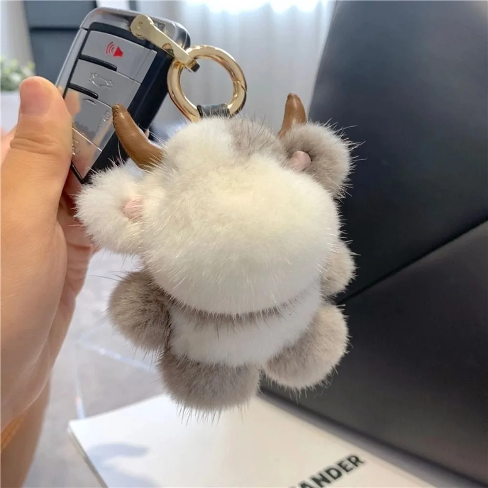 Kawaii langer Mähnen-Waden-Anhänger mit Horn, gefüllte Kuh, Schlüsselanhänger, Ornamente, weich, niedliches Tier-Schlüsselanhänger für Mädchen
