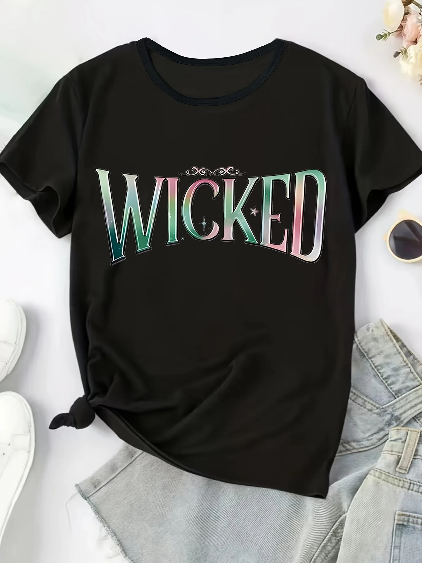 T-Shirt décontracté à manches courtes et col rond pour femmes, motif géométrique, extensible moyen, lavage en Machine disponible, imprimé de dessin animé avec