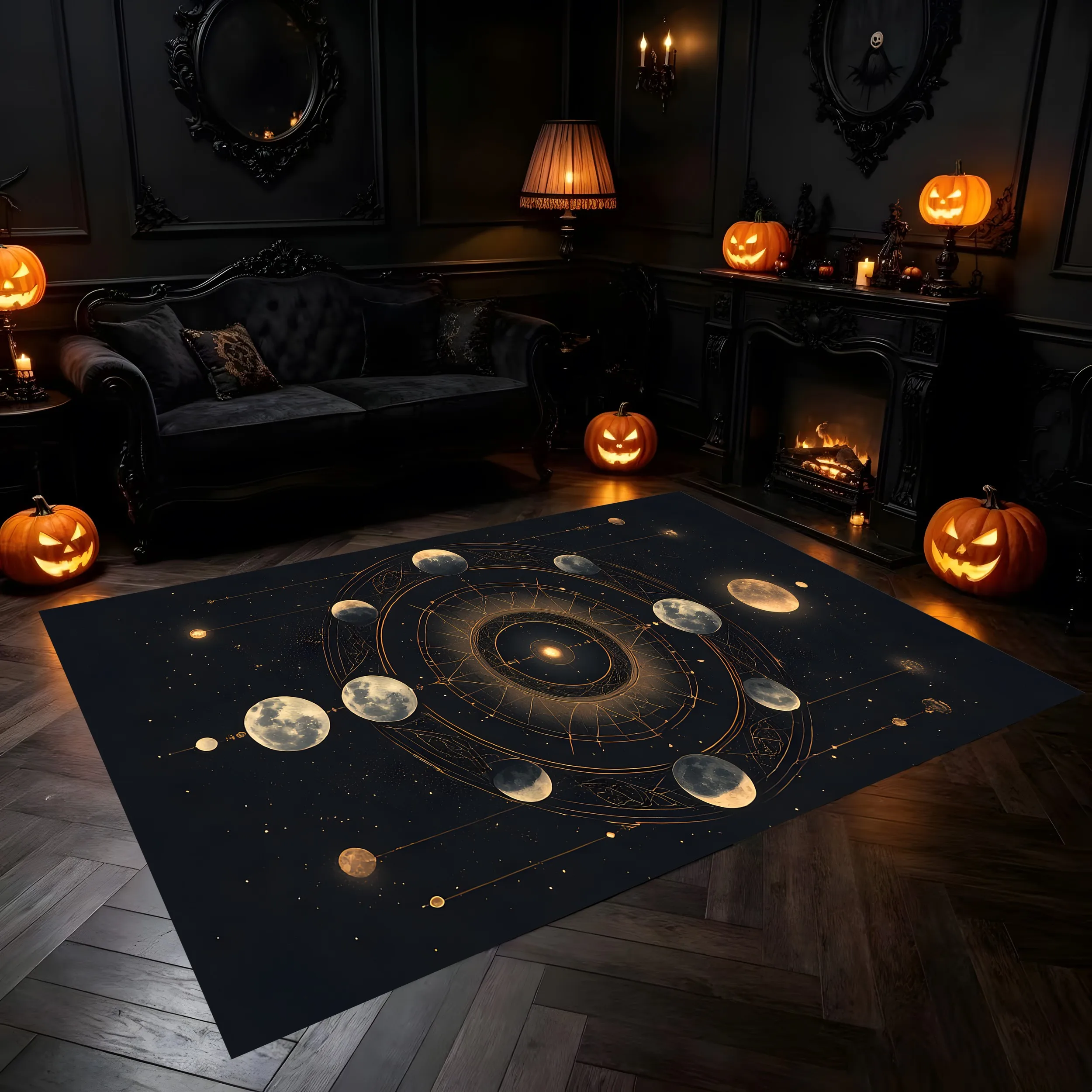 Velvet Rug Dark Retro Lunar Phase Star Chart Mysterious Style for Bedroom Living Room Halloween Party Decor