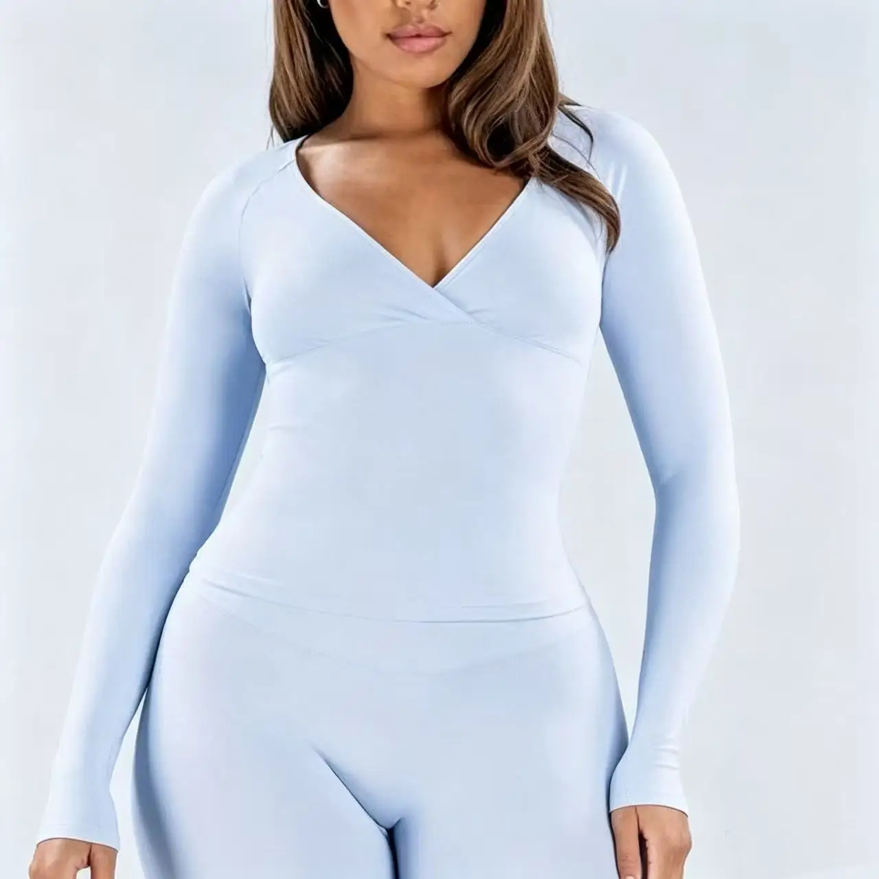 Gym Top Women Wrap Front Deep V Long Sleeve Yoga Top Sports Shirt Soft Stretch Clothes Workout Pilates Running Training Shirts