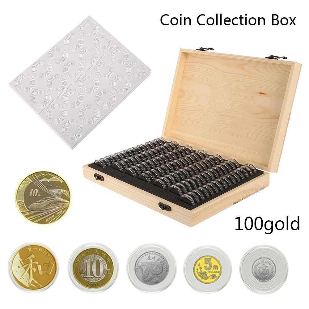 100Pcs Clear Coin Capsule Universal Coin Storage Box With Adjustment Pad  Adjustable Wooden Commemorative Coin Medal Container