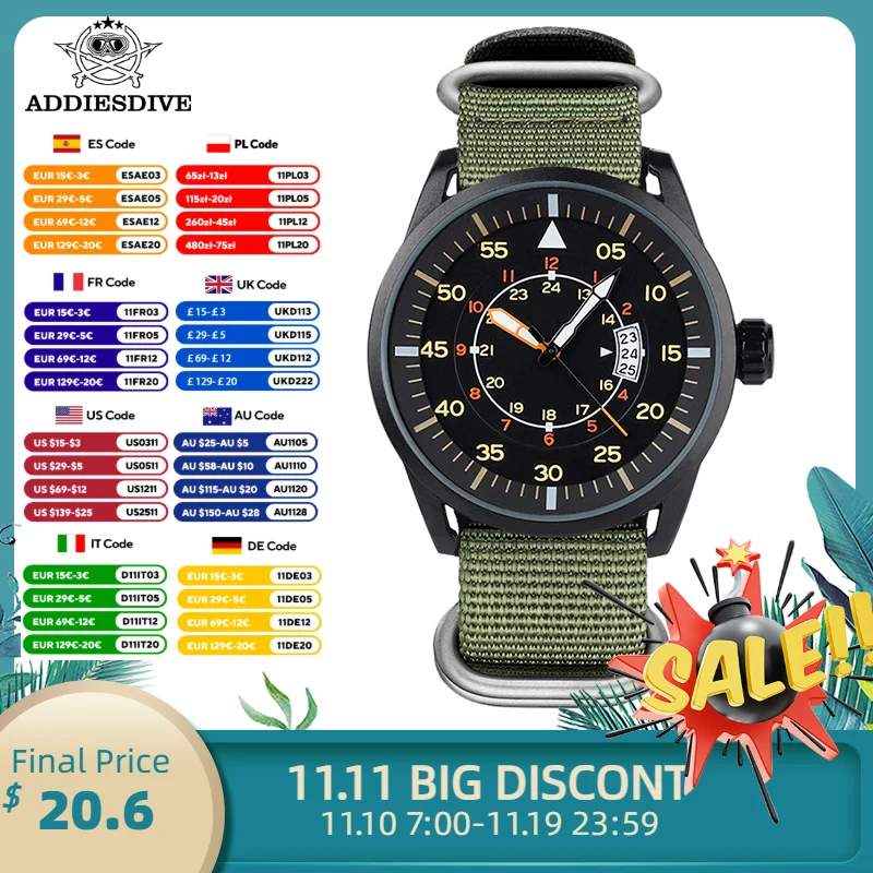 ADDIESDIVE Watches For Men 44mm Round Hardlex Dial Window JD1508 Nylon Strap Quartz Analog Watch Waterproof Relogio Masculino