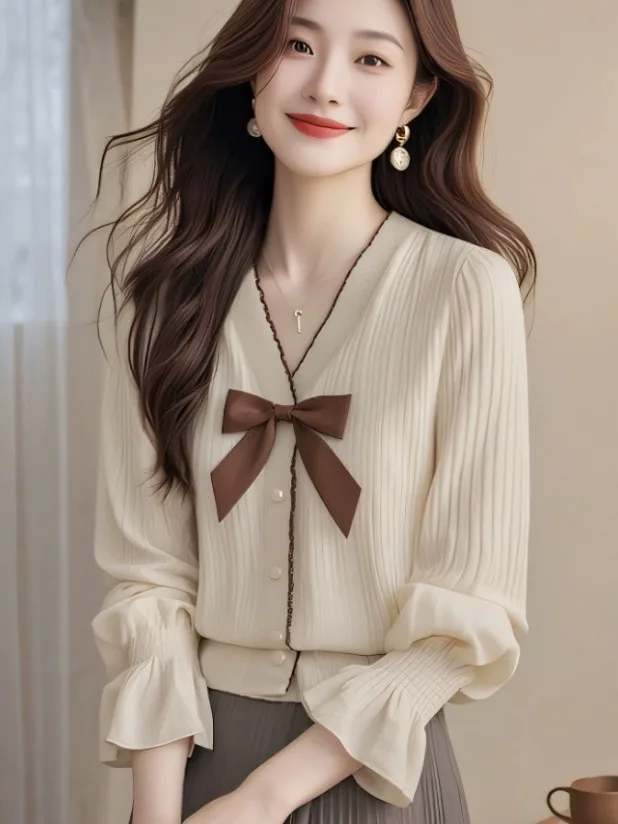 

Brand Outlet Guangzhou Thirteenth Fac Women's Long Sve V-Ne Knitwear Knot Top Soft Warm Daily Wear