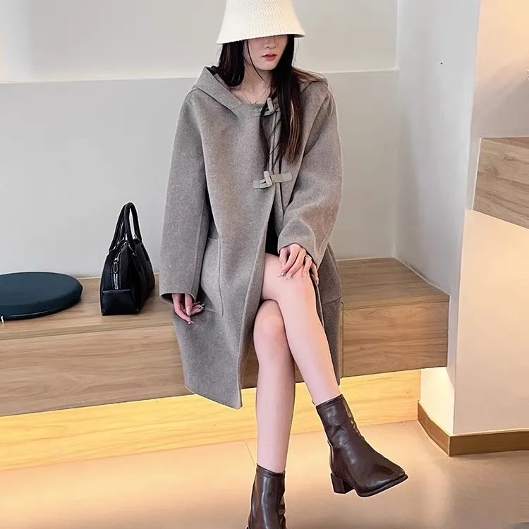 Learning Style Leather Buckle Hooded Double-Sided Cashmere Clothing New Loose Casual Woolen Jacket