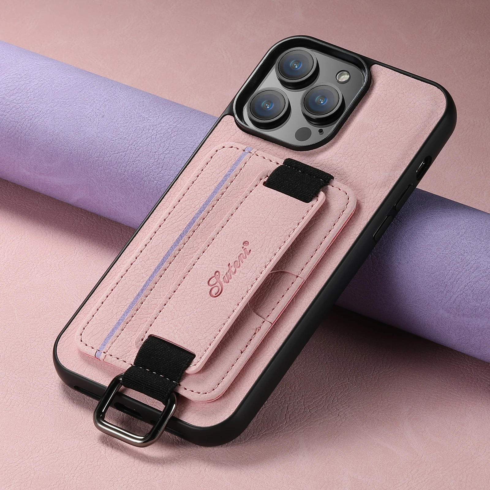 SUTENI Lychee-Haut-Print Handgelenkband Karten-Handyhülle Kartenhalter für iPhone 17 Pro Max 16 Plus 15 14 13 12 11 XR XS – Detail 2