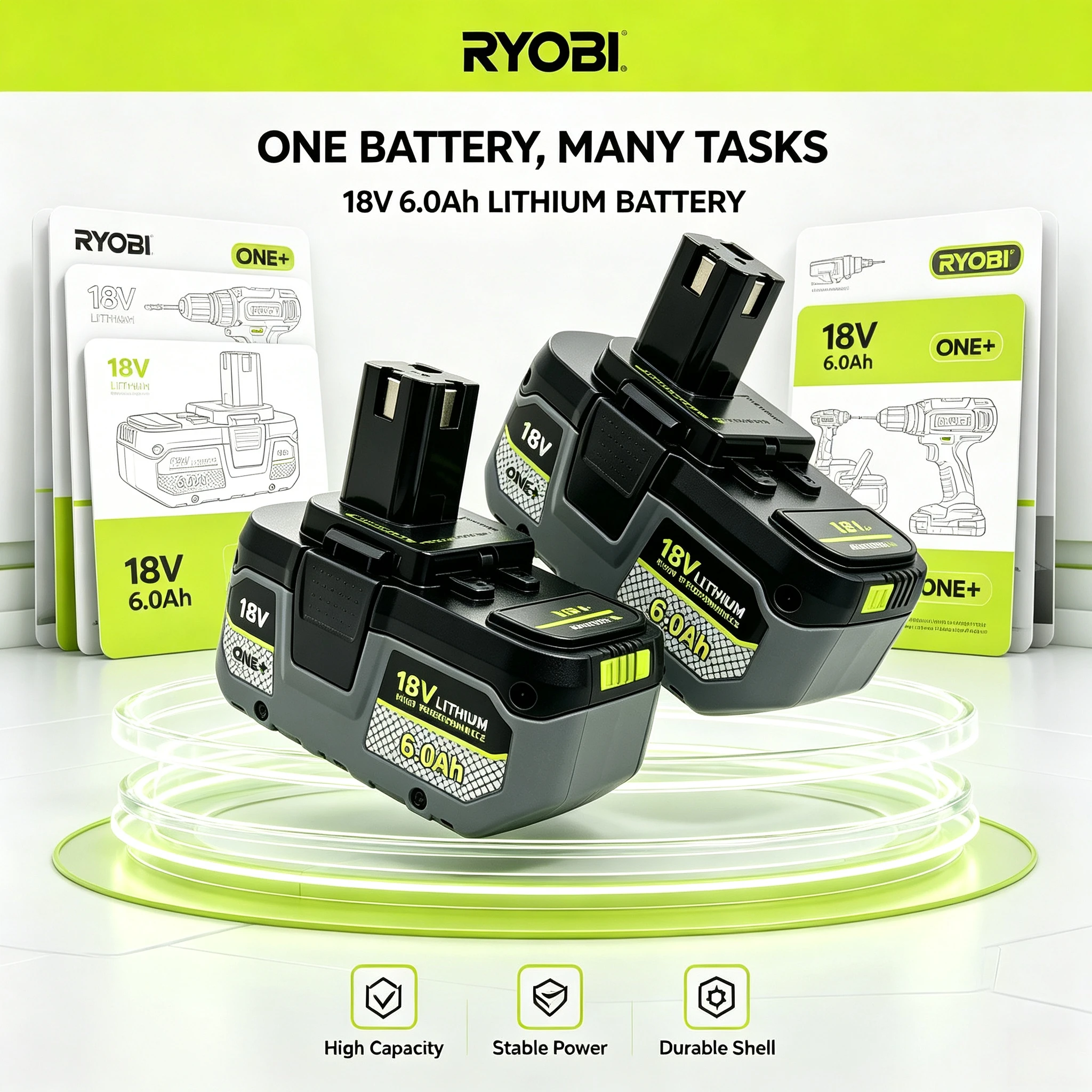 NEW RYOBI 6.0Ah 18V High Capacity Li‑ion Battery for Cordless Angle Grinder Durable Outer Casing for Household Hand Tool Work