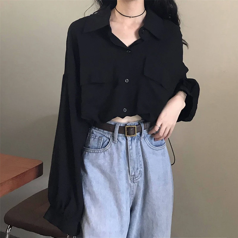 

Autumn Crop Top Korean Style Fashion Black Long Sleeve Women T Shirt All-match Harajuku Casual Sweet Girls Blouse Interview Work