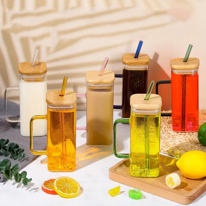 

400ml Square Glass Mug with Lid Straw Breakfast Milk Cup Microwave Transparent Party Beer Coffee Mug Drinkware Stylish Bottle