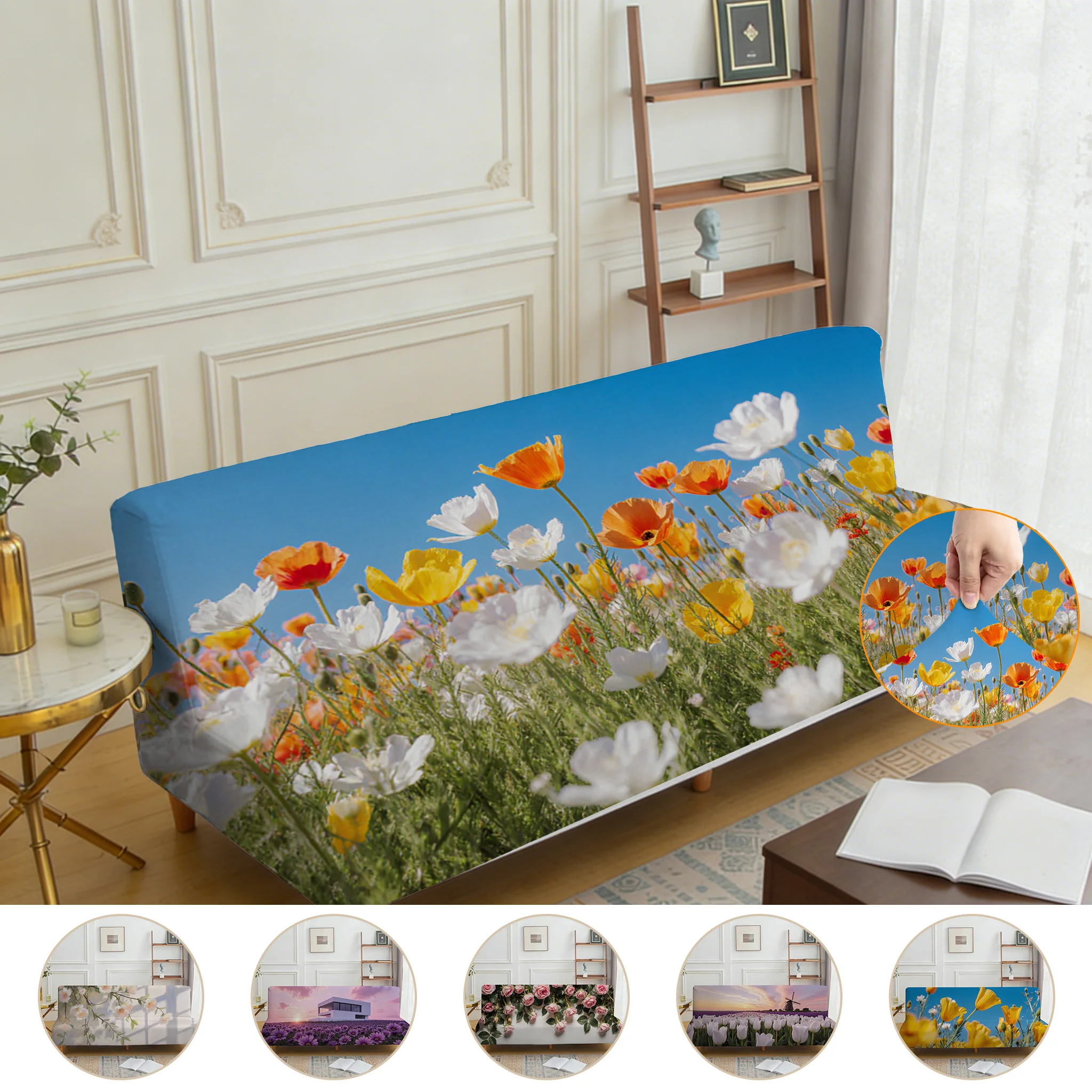 Armrest-free elastic printed sofa bed cover, healing flower sea pattern, dust-proof machine-washable sofa bed cover