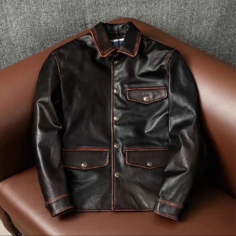 New Top Layer Tea Core Horse Leather Dispatcher Jacket Classic Retro Men's Leather Lapel Button Down Jacket Motorcycle Jacket