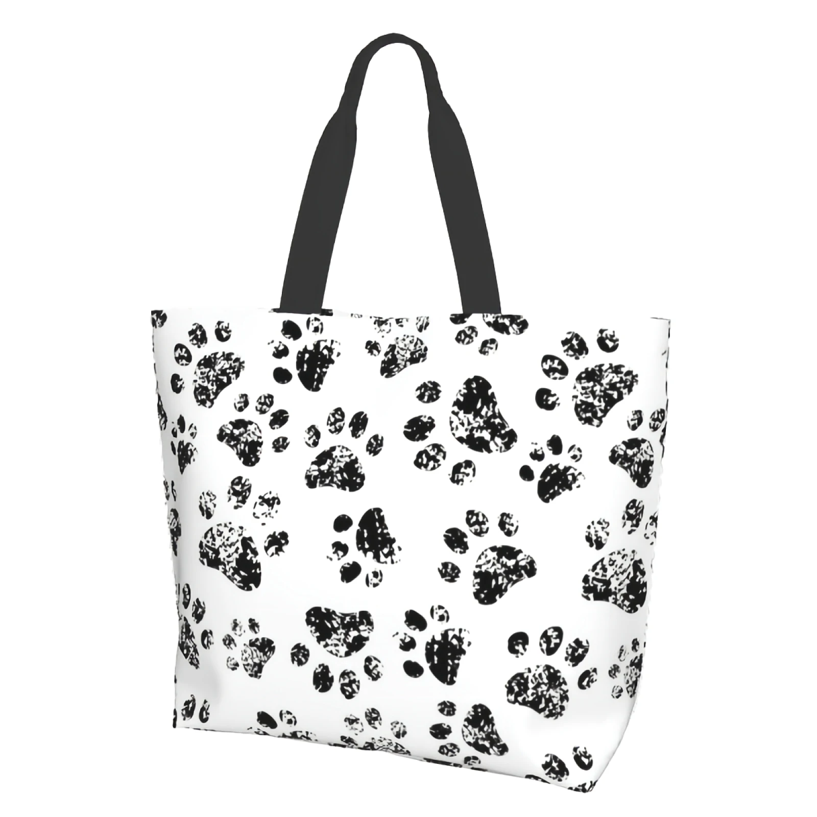 Black White Dog Paw Print Dog Traces Footprint Pet Tracks Footstep Puppy Toe Shape Canvas Tote Bag for Women