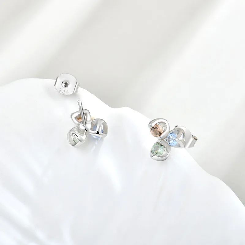 

Geometric Clover Petal Stud Earrings S925 Silver Multicolor Zircon Temperament All Matching Earrings