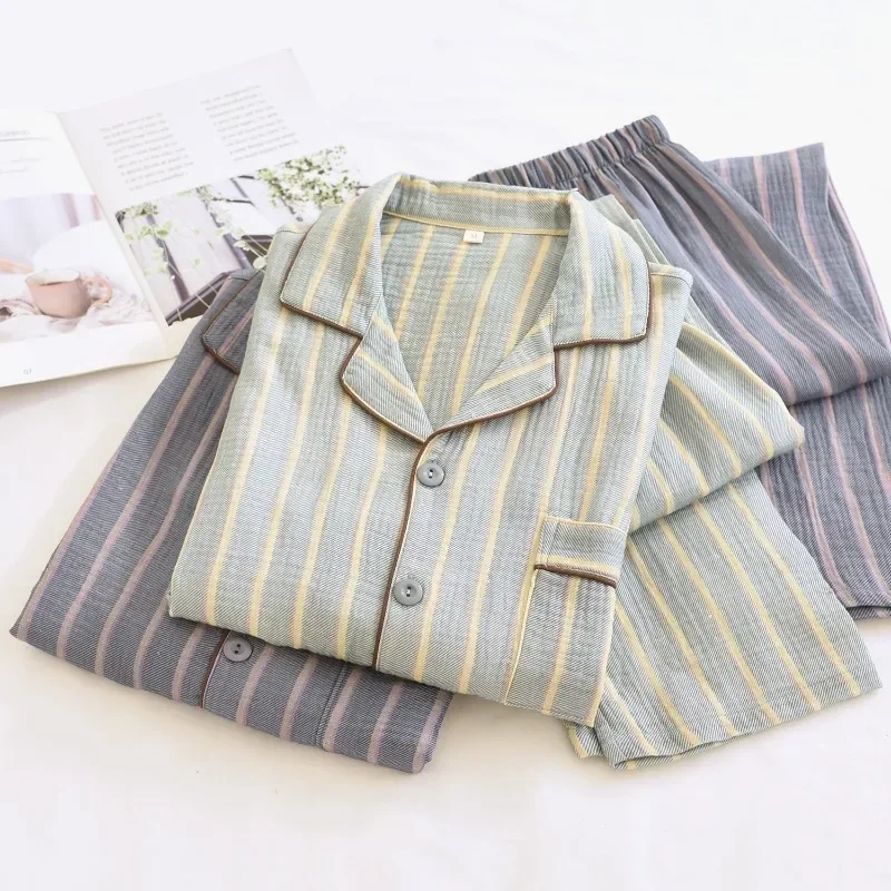 Crepe Strip Men's Pajamas Set Double-layer Cotton Yarn Casual Loungewear Long-sleeved Trousers Turn-down Collar Sleepwear