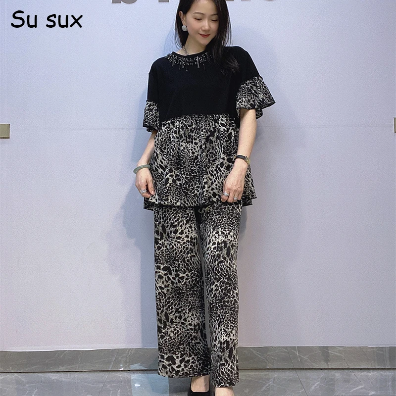 

Leopard Patchwork Chiffon Wide Leg Pant Sets 2 Pieces Woman Outfits 2025 Summer Y2k Clothes O Neck Short Sleeve Tops Streetwear