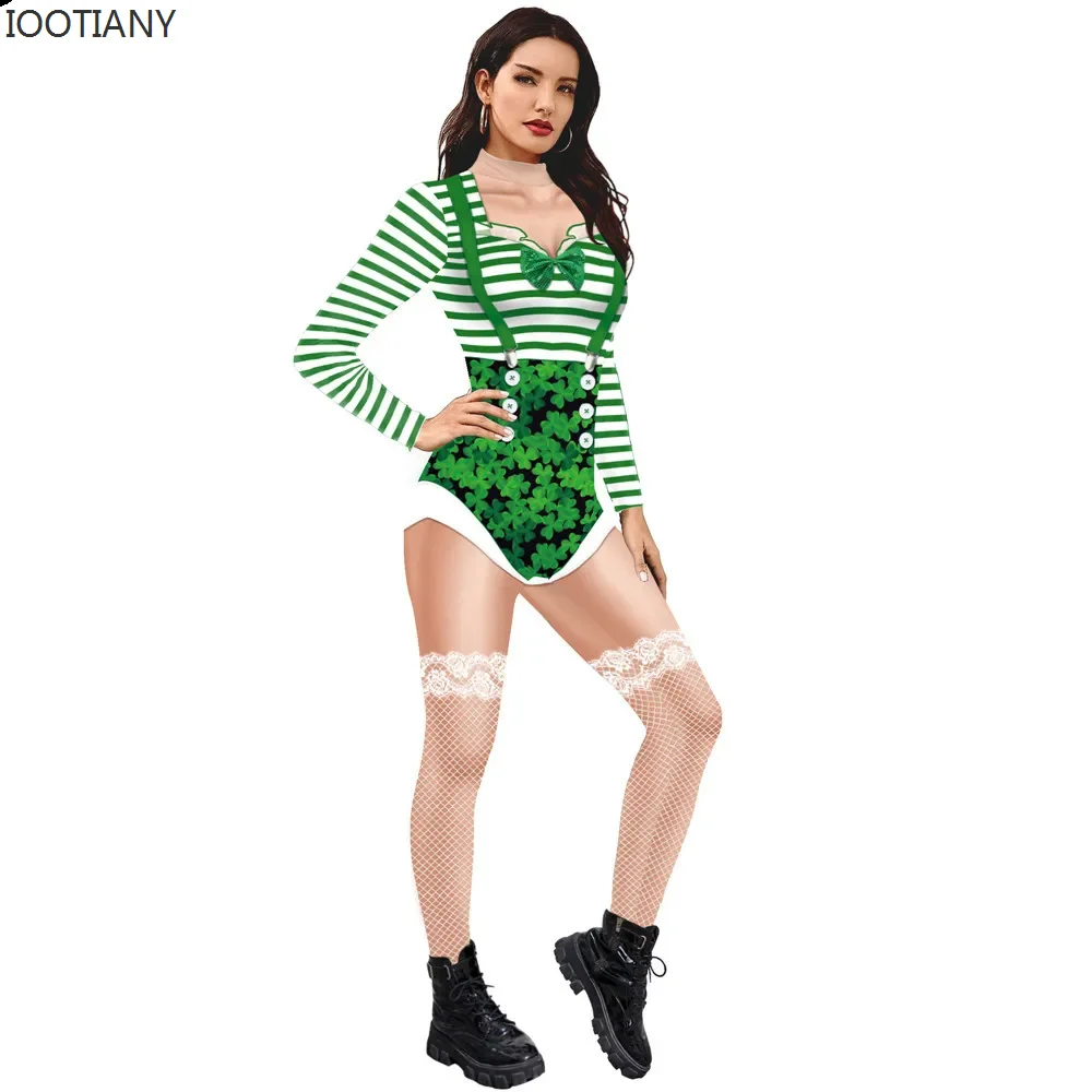 

New Irish Day Party Bodysuit For Adult Women St Patrick's Day Sexy Green Funny Jumpsuit Lucky Green Stripes Slim Cosplay Suits