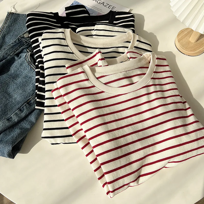 2024 New Women Spring Striped T Shirts Women O-Neck Long Sleeve Black White Color Tees Tops For Women Casual Clothes