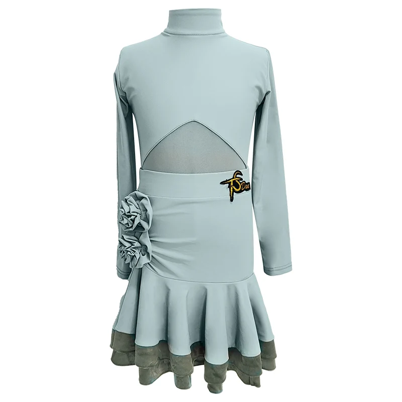 2025 vestido de actuación de baile latino para niñas, falda superior de malla de manga larga, trajes Samba Chacha Tango, ropa de escenario latino DN22419