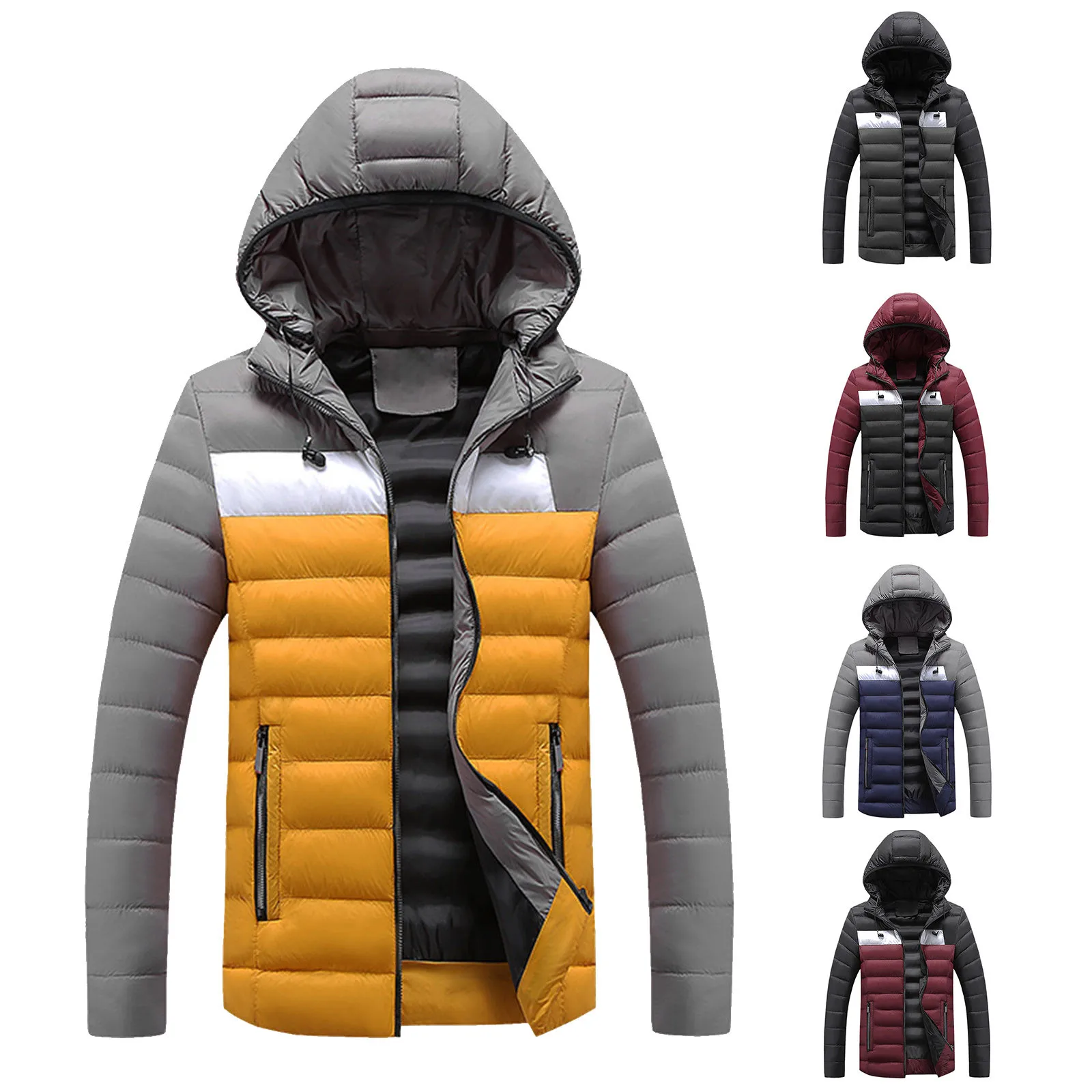 Men's Autumn And Winter Coat Color Block Long Sleeved Jacket Hooded Zipper Warm Winderproof Outdoor Coats