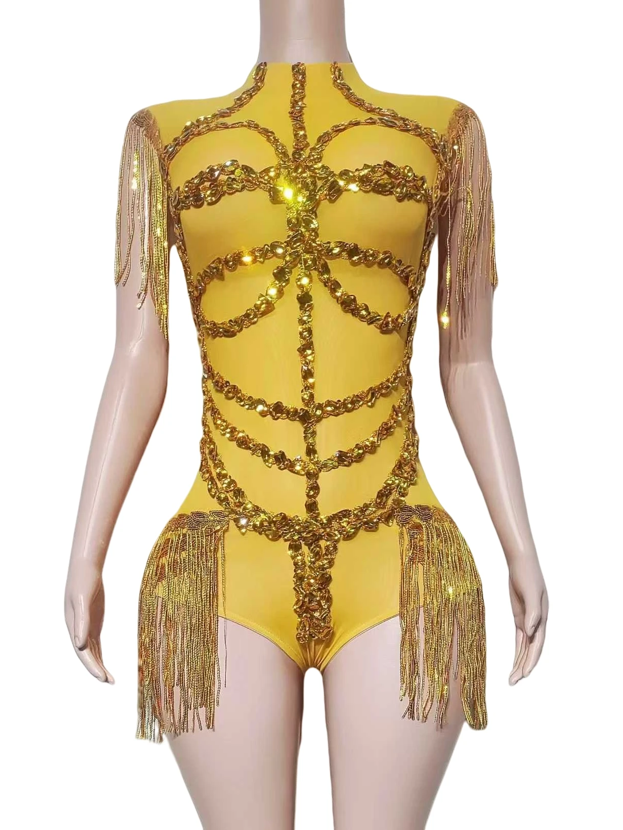 Body llamativo con flecos de diamantes de imitación para mujer, sin mangas, Sexy, para club nocturno, baile, escenario, animadora, Showgirl, leotardo