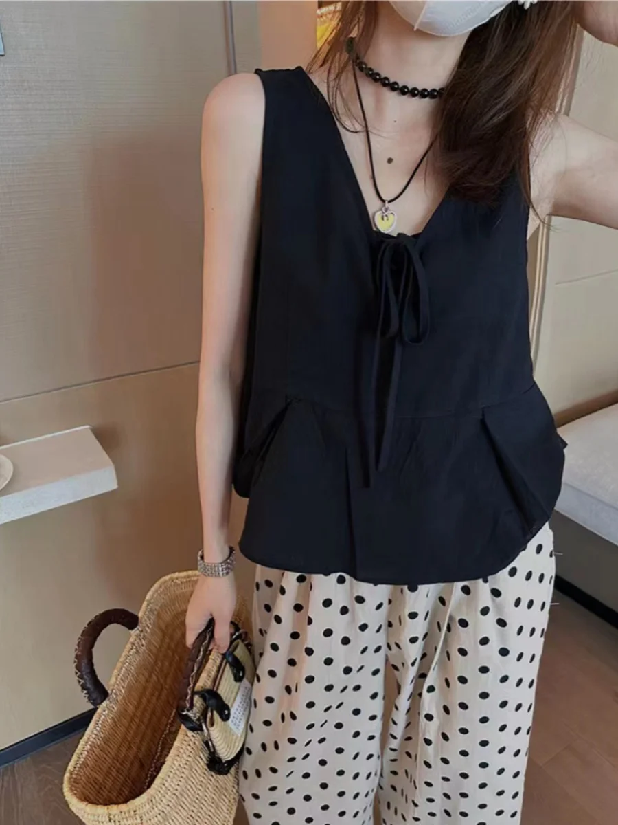 

Korean Sle V-Ne Tie Cotton Linen Svel Vest Women's Summer New Faion Slimming Versatile Strap Top Loose Fit irt