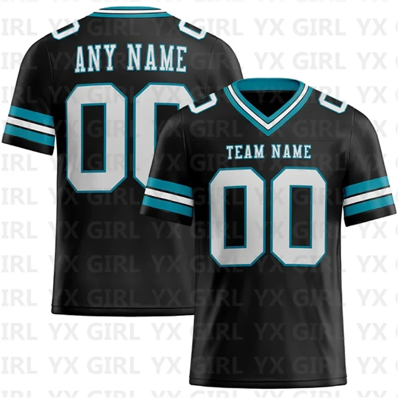 Custom Black White-Teal Mesh Authentic Football Jersey Personlized Team name and you name number V-Neck Football T-Shirts