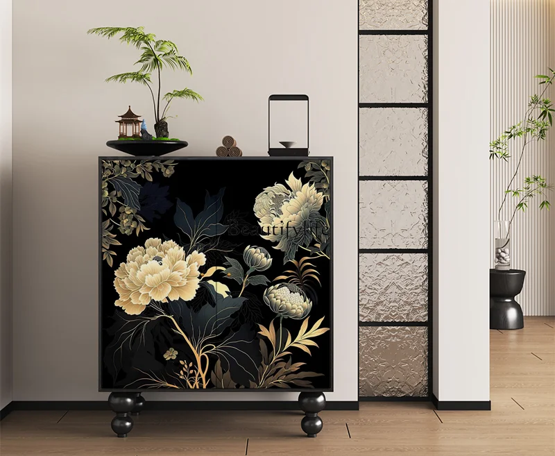 French retro flower solid wood shoe cabinet living room wall storage storage decorative side cabinet