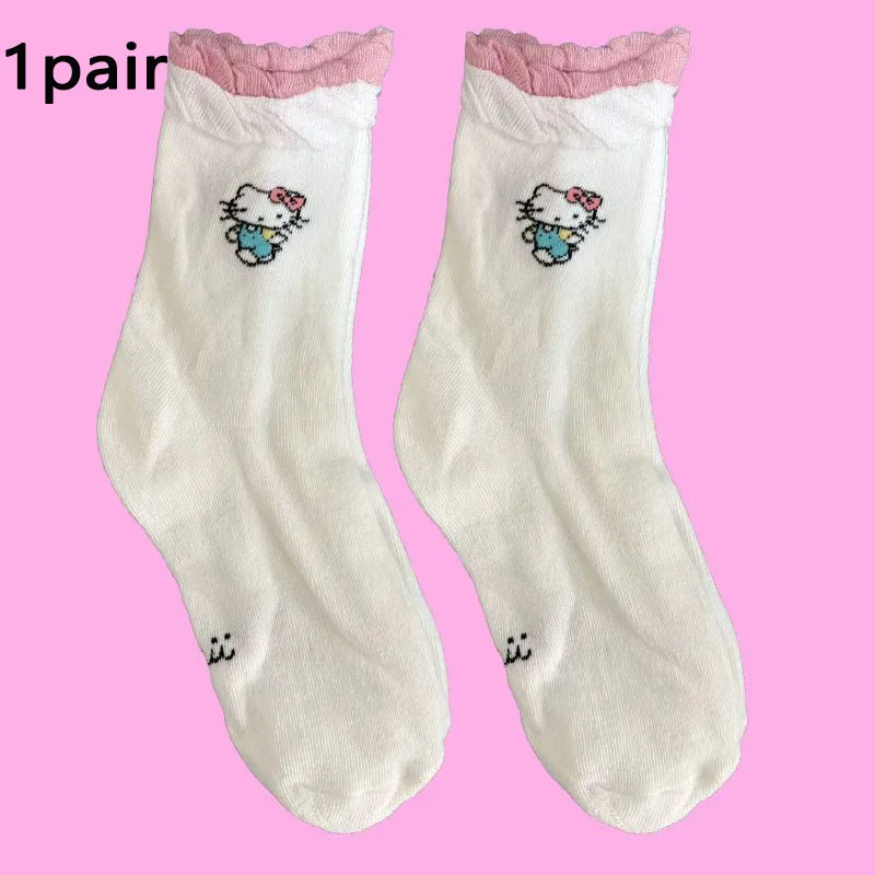 مجموعة مكونة من 1/5 زوج من الجوارب ذات طابع هالو كيتي، طراز جميل وبناتي، منقوشة ريترو + نقطة بولكا + نمط لطيف، جوارب منتصف الساق، يجب أن يكون