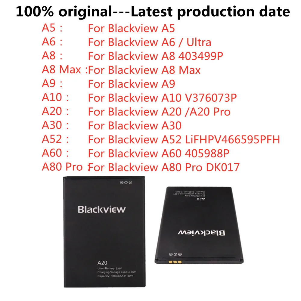 New Original Battery For Blackview A20 Pro A52 LiFHPV466595PFH A60 405988P A80 Pro DK017 A10 V376073P A8 Max A6 Ultra A5 Phone
