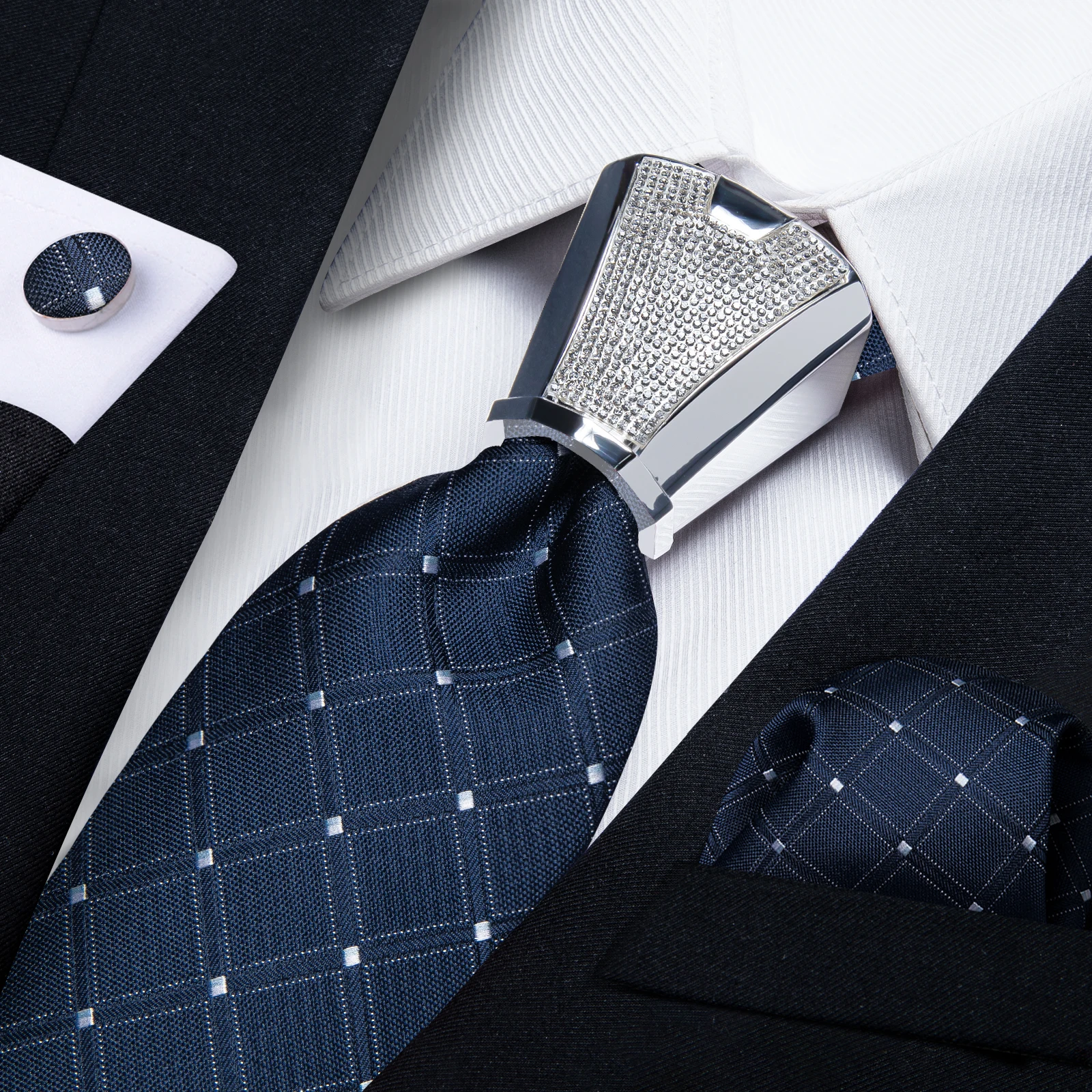 

Plaid And Dot Navy Silk Ties For Men Fomral Business Wedding Neck Tie Set Pocket Square Cufflinks Designer Tie Buckle Gift Men